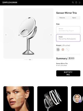 simplehuman Sensor Trio (1x-5x-10x magnification) Makeup Mirror - Brushed Silver